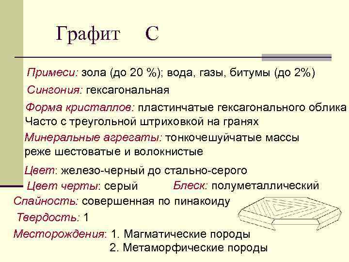 Графит С Примеси: зола (до 20 %); вода, газы, битумы (до 2%) Сингония: гексагональная