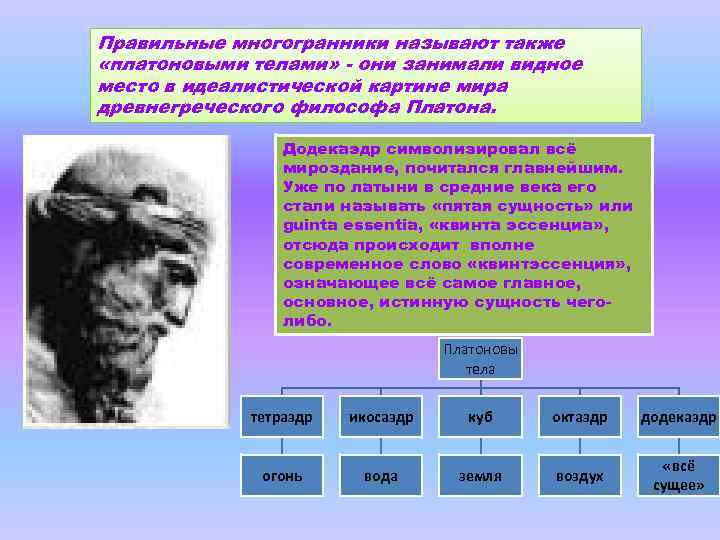 Правильные многогранники называют также «платоновыми телами» - они занимали видное место в идеалистической картине