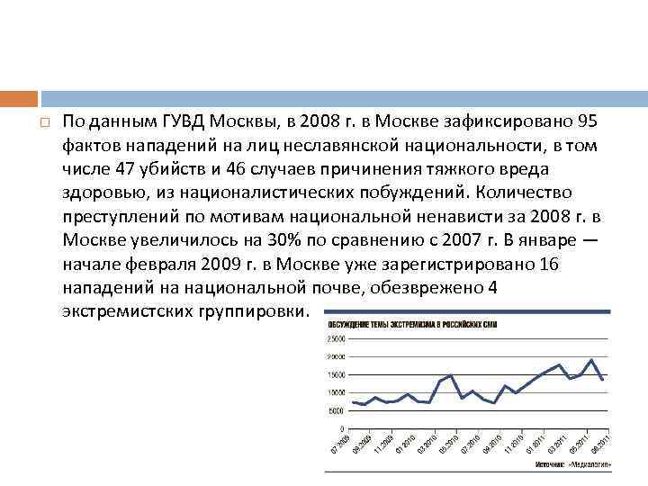  По данным ГУВД Москвы, в 2008 г. в Москве зафиксировано 95 фактов нападений