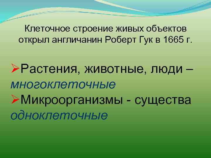 Клеточное строение живых объектов открыл англичанин Роберт Гук в 1665 г. ØРастения, животные, люди