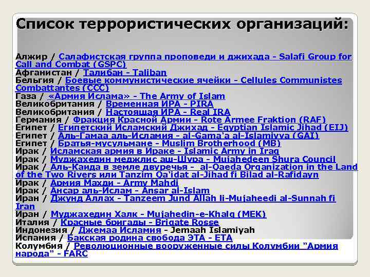 Список террористических организаций: Алжир / Салафистская группа проповеди и джихада - Salafi Group for