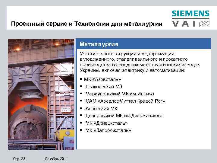  Проектный сервис и Технологии для металлургии Металлургия Участие в реконструкции и модернизации аглодоменного,