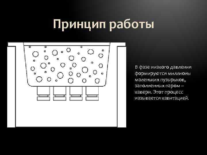 Принцип работы В фазе низкого давления формируются миллионы маленьких пузырьков, заполненных паром – каверн.