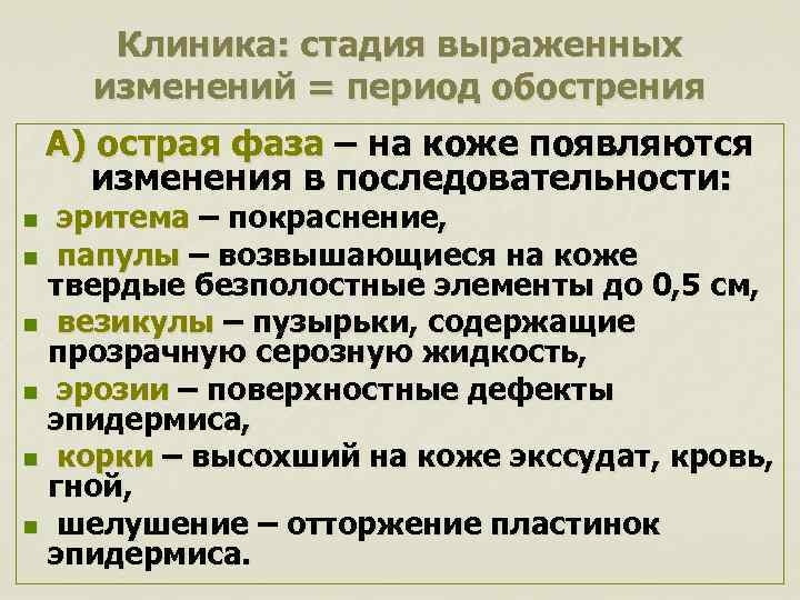 Клиника: стадия выраженных изменений = период обострения А) острая фаза – на коже появляются