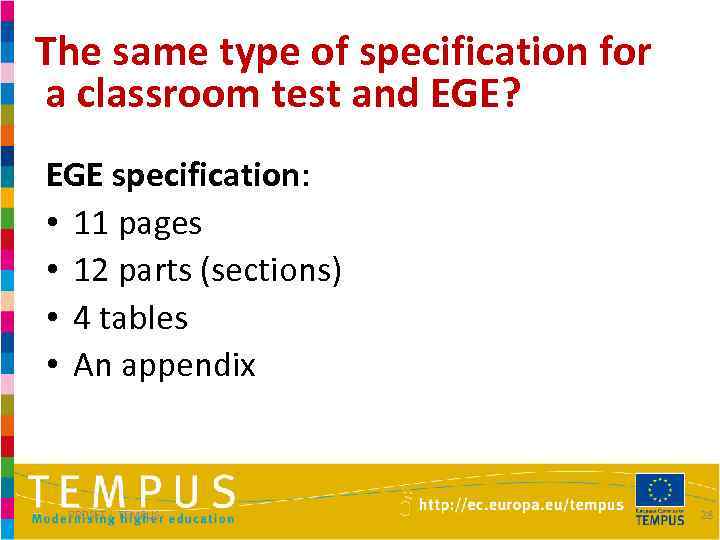 The same type of specification for a classroom test and EGE? EGE specification: •