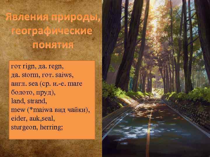 Явления природы, географические понятия гот rign, да. regn, да. storm, гот. saiws, англ. sea