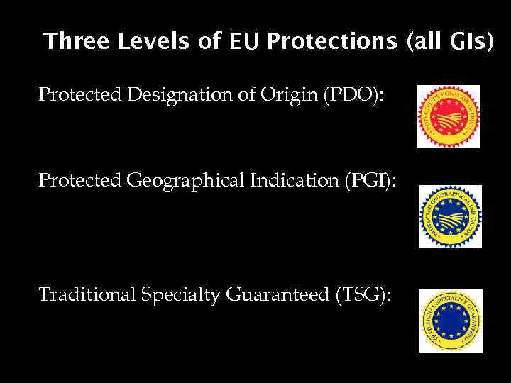 Three Levels of EU Protections (all GIs) Protected Designation of Origin (PDO): Protected Geographical
