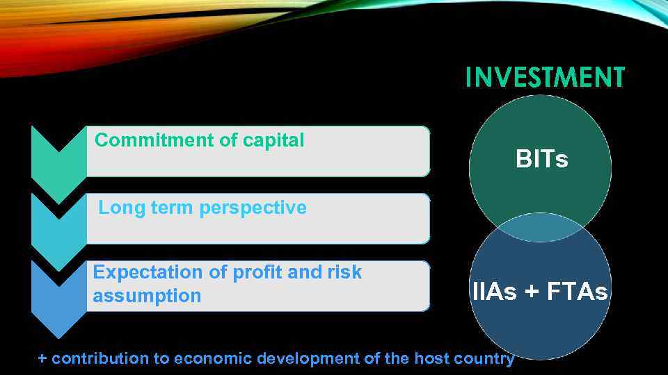 INVESTMENT Commitment of capital BITs Long term perspective Expectation of profit and risk assumption