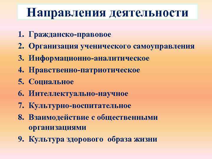 Направления деятельности 1. 2. 3. 4. 5. 6. 7. 8. Гражданско-правовое Организация ученического самоуправления