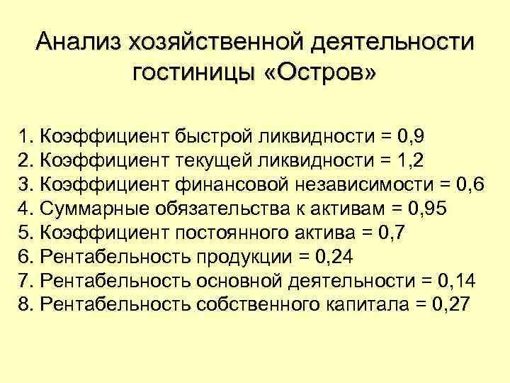 Анализ хозяйственной деятельности гостиницы «Остров» 1. Коэффициент быстрой ликвидности = 0, 9 2. Коэффициент