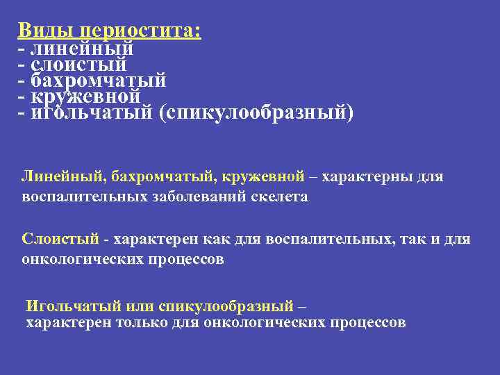 Виды периостита: - линейный - слоистый - бахромчатый - кружевной - игольчатый (спикулообразный) Линейный,