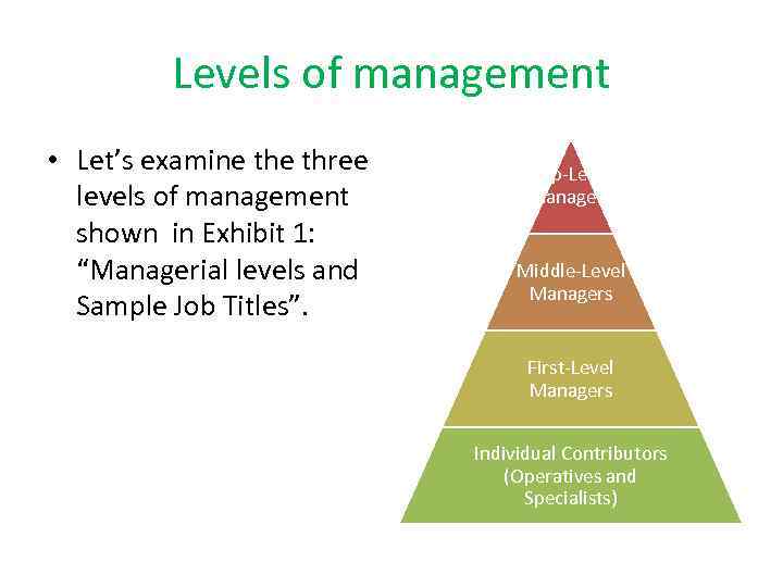 Levels of management • Let’s examine three levels of management shown in Exhibit 1: