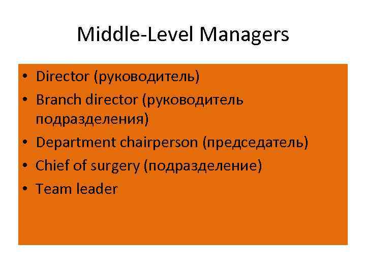 Middle Level Managers • Director (руководитель) • Branch director (руководитель подразделения) • Department chairperson