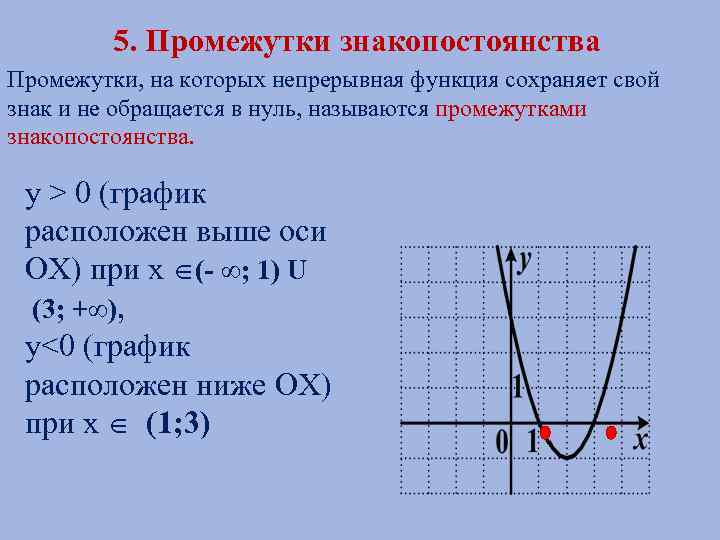 5. Промежутки знакопостоянства Промежутки, на которых непрерывная функция сохраняет свой знак и не обращается