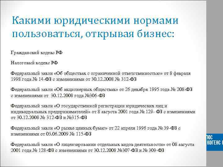 Какими юридическими нормами пользоваться, открывая бизнес: Гражданский кодекс РФ Налоговый кодекс РФ Федеральный закон