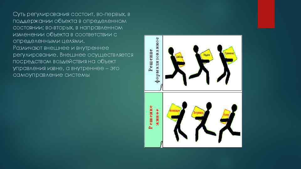 Суть регулирования состоит, во-первых, в поддержании объекта в определенном состоянии; во-вторых, в направленном изменении