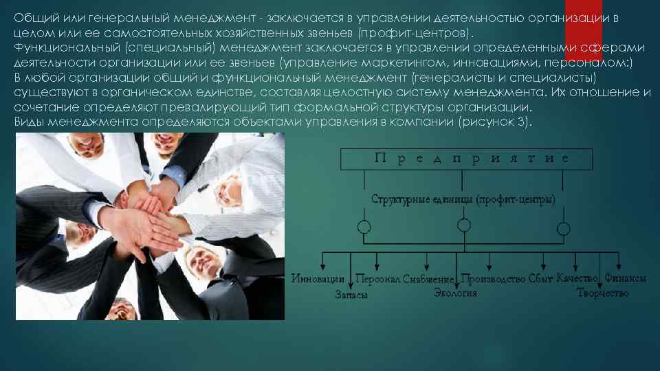 Общий или генеральный менеджмент - заключается в управлении деятельностью организации в целом или ее