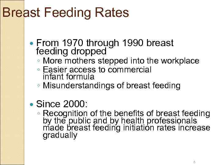 Breast Feeding Rates From 1970 through 1990 breast feeding dropped ◦ More mothers stepped