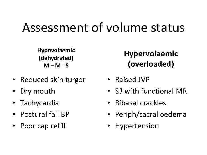 Assessment of volume status Hypovolaemic (dehydrated) M–M-S • • • Reduced skin turgor Dry