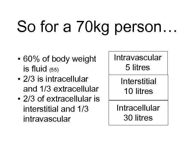 So for a 70 kg person… • 60% of body weight is fluid (55)