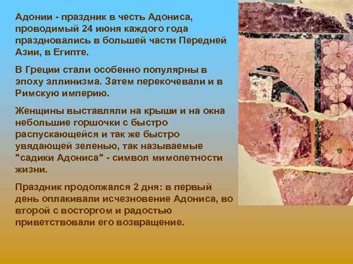 Адонии - праздник в честь Адониса, проводимый 24 июня каждого года праздновались в большей