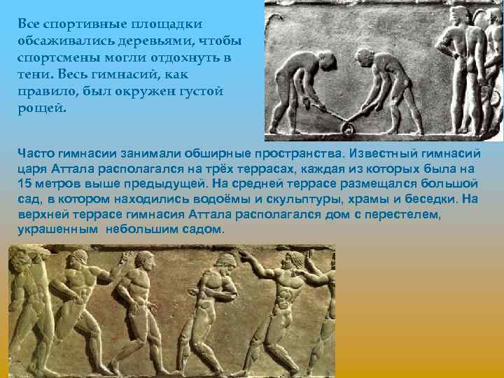 Все спортивные площадки обсаживались деревьями, чтобы спортсмены могли отдохнуть в тени. Весь гимнасий, как