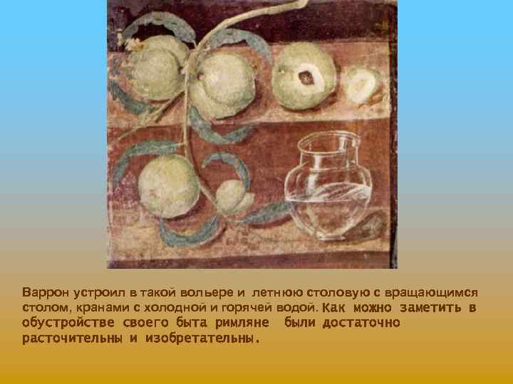 Варрон устроил в такой вольере и летнюю столовую с вращающимся столом, кранами с холодной