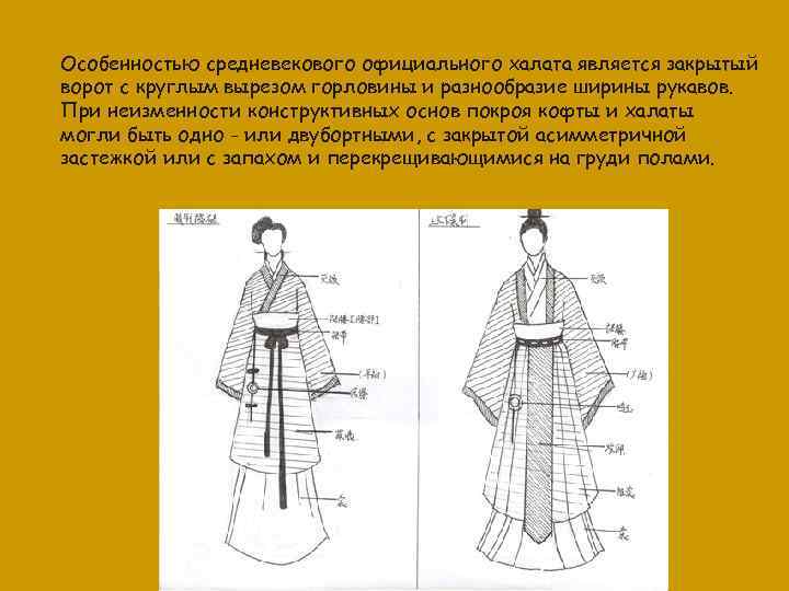 Особенностью средневекового официального халата является закрытый ворот с круглым вырезом горловины и разнообразие ширины