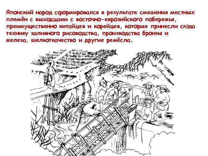 Японский народ сформировался в результате смешения местных племён с выходцами с восточно-еврозийского побережья, преимущественно