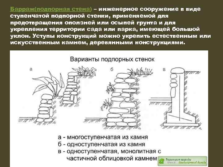 Барраж(подпорная стена) – инженерное сооружение в виде ступенчатой подпорной стенки, применяемой для предотвращения оползней