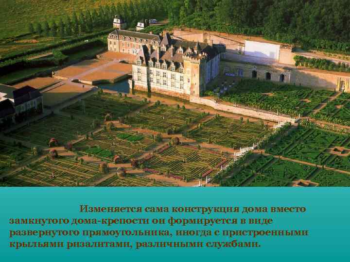 Изменяется сама конструкция дома вместо замкнутого дома-крепости он формируется в виде развернутого прямоугольника, иногда