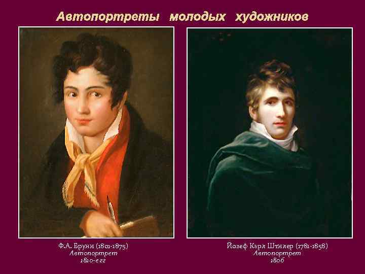 Автопортреты молодых художников Ф. А. Бруни (1801 -1875) Автопортрет 1810 -е гг Йозеф Карл