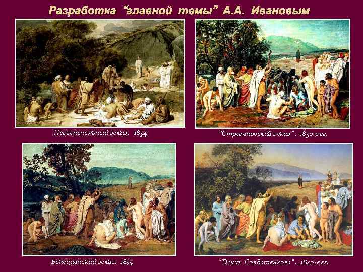 Разработка “главной темы” А. А. Ивановым Первоначальный эскиз. 1834 Венецианский эскиз. 1839 “Строгановский эскиз”.