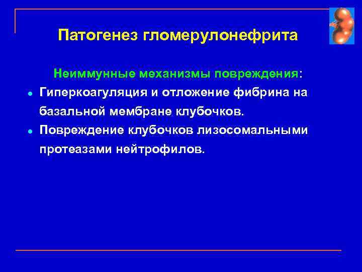 Патогенез гломерулонефрита Неиммунные механизмы повреждения: l l Гиперкоагуляция и отложение фибрина на базальной мембране