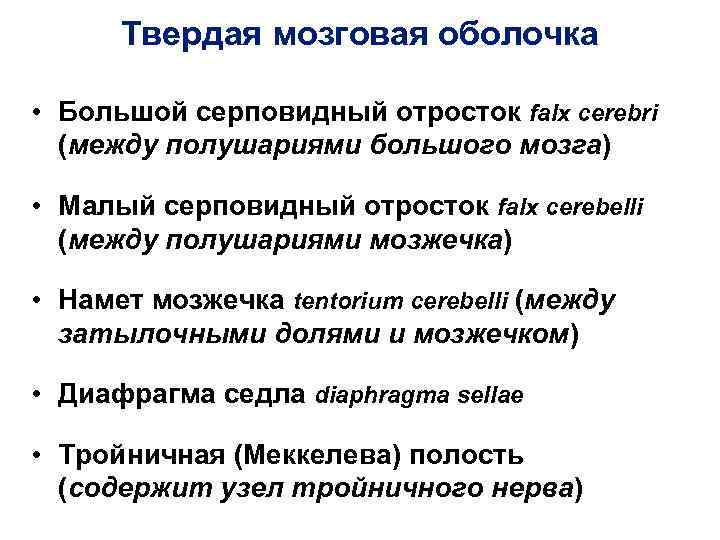 Твердая мозговая оболочка • Большой серповидный отросток falx cerebri (между полушариями большого мозга) •