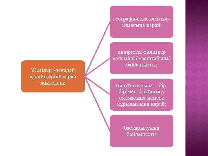 географиялық қамтылу аймағына қарай; Желілер мынадай қасиеттеріне қарай жіктеледі: өндірістік бөлімдер көлеміне (масштабына) байланысты;