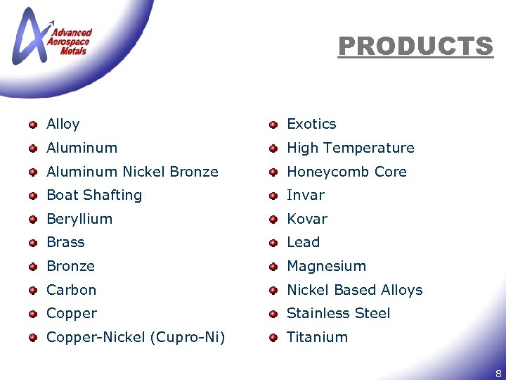 PRODUCTS Alloy Exotics Aluminum High Temperature Aluminum Nickel Bronze Honeycomb Core Boat Shafting Invar