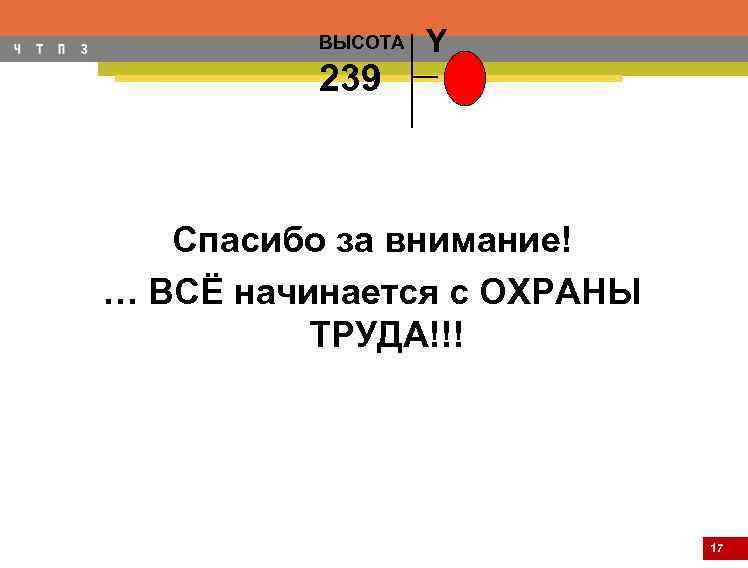 ВЫСОТА 239 Y Спасибо за внимание! … ВСЁ начинается с ОХРАНЫ ТРУДА!!! 17 