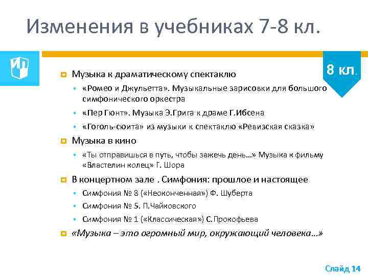 Изменения в учебниках 7 -8 кл. Музыка к драматическому спектаклю «Ты отправишься в путь,