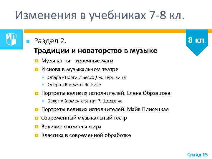 Изменения в учебниках 7 -8 кл. Раздел 2. Традиции и новаторство в музыке Музыканты