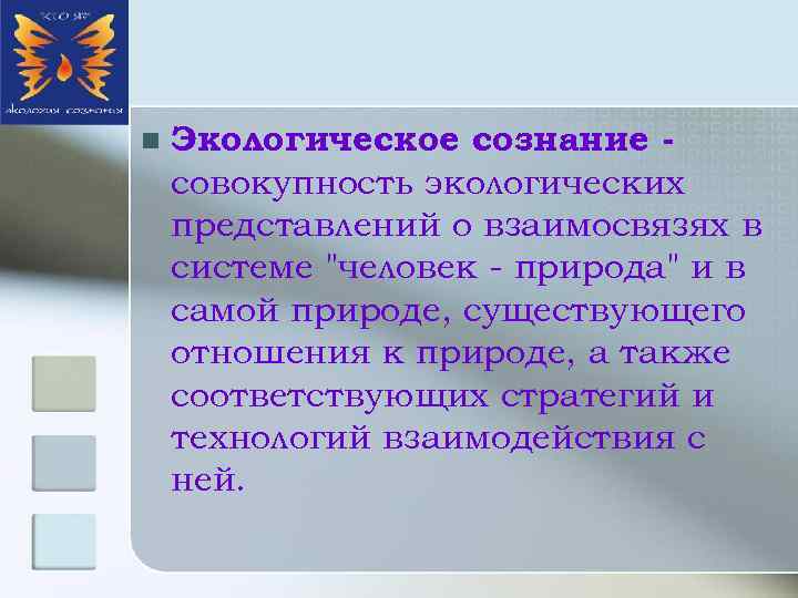n Экологическое сознание совокупность экологических представлений о взаимосвязях в системе 