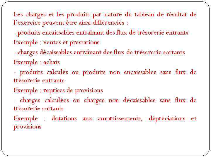 Les charges et les produits par nature du tableau de résultat de l’exercice peuvent