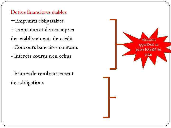 Dettes financieres stables +Emprunts obligataires + emprunts et dettes aupres des etablissements de credit