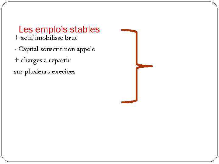 Les emplois stables + actif imobilisse brut - Capital souscrit non appele + charges