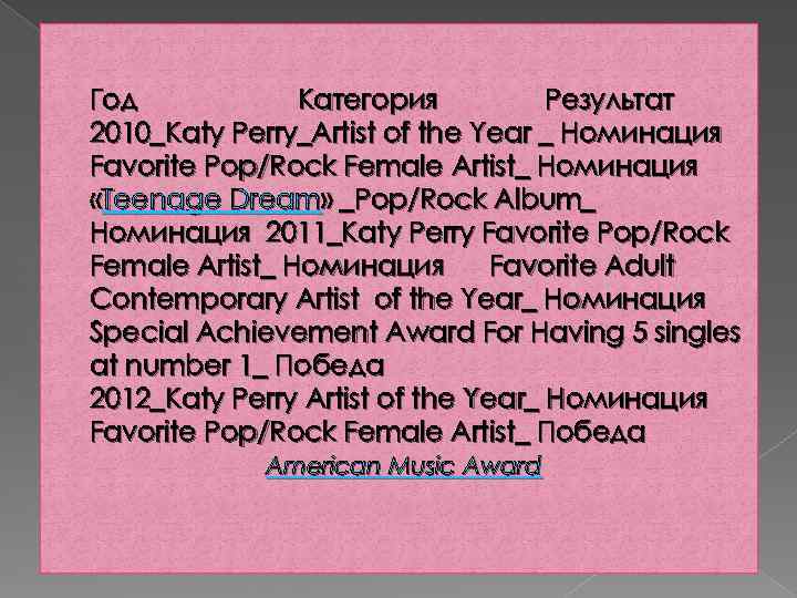 Год Категория Результат 2010_Katy Perry_Artist of the Year _ Номинация Favorite Pop/Rock Female Artist_