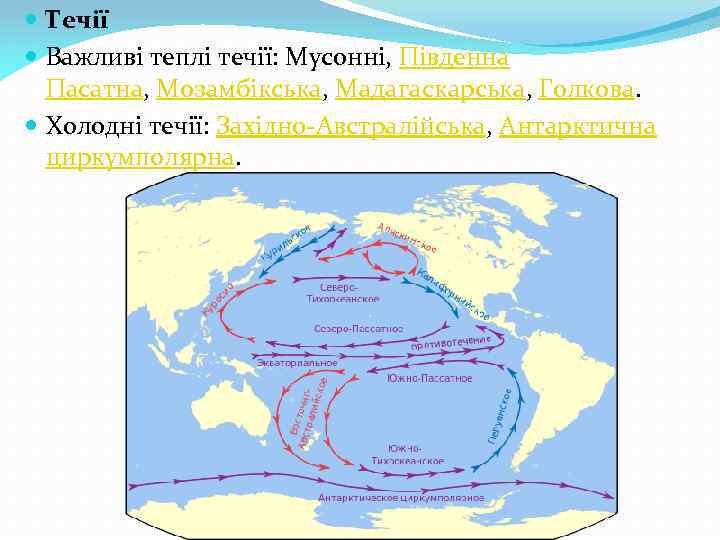 Течії Важливі теплі течії: Мусонні, Південна Пасатна, Мозамбікська, Мадагаскарська, Голкова. Холодні течії: Західно-Австралійська,