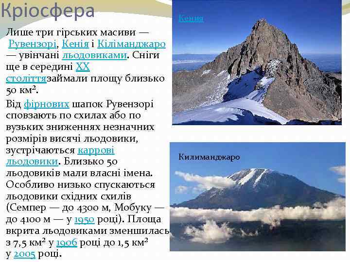 Кріосфера Кения Лише три гірських масиви — Рувензорі, Кенія і Кіліманджаро — увінчані льодовиками.