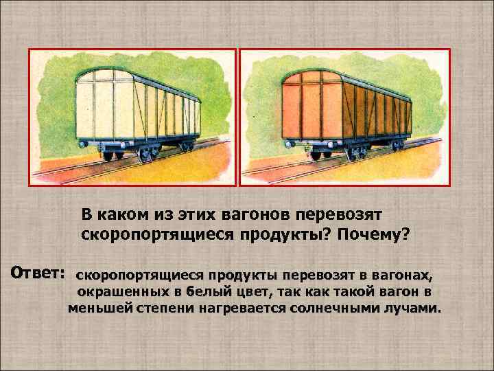 В каком из этих вагонов перевозят скоропортящиеся продукты? Почему? Ответ: скоропортящиеся продукты перевозят в