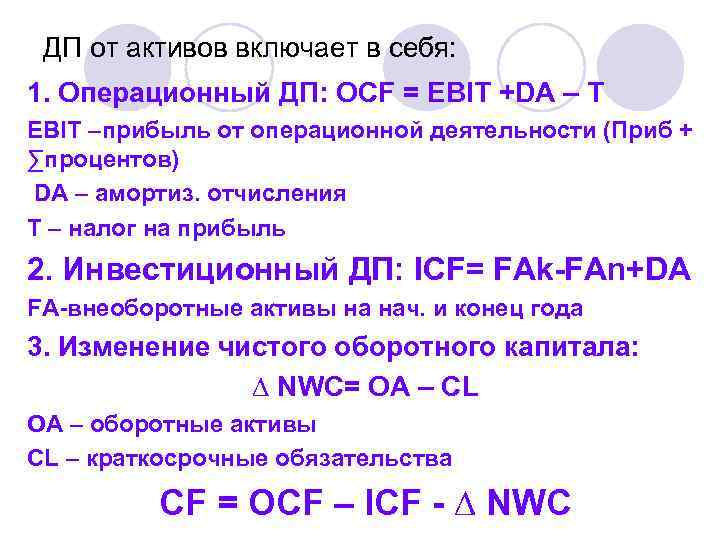 ДП от активов включает в себя: 1. Операционный ДП: OCF = EBIT +DA –