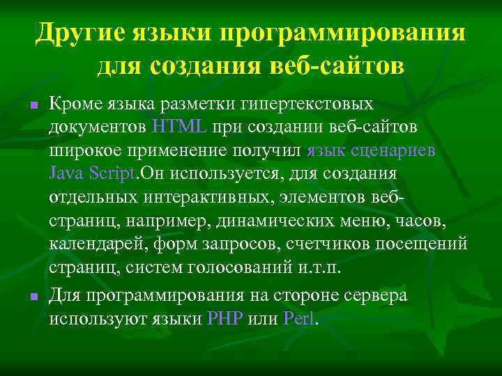 Другие языки программирования для создания веб-сайтов n n Кроме языка разметки гипертекстовых документов HTML